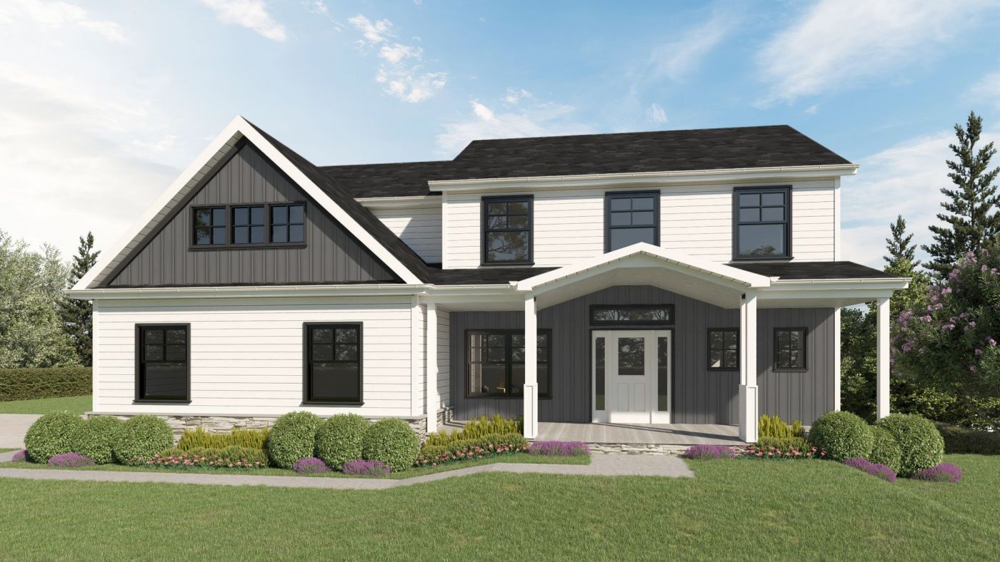 Two-story house with gray and white siding, a covered porch, black windows, and a landscaped front yard.