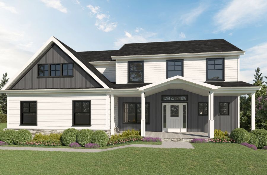 Two-story house with gray and white siding, a covered porch, black windows, and a landscaped front yard.