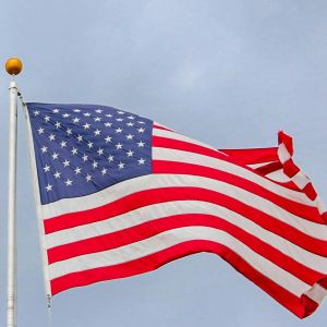 American flag waving on a flagpole against a cloudy sky background.